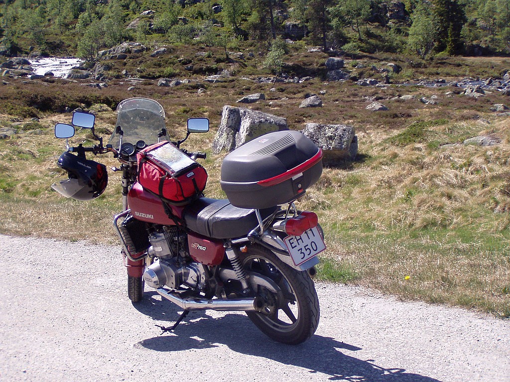 Image with Suzuki GT 750 and landscape, Norway